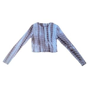 Brown long sleeve lettuce trim mesh crop top